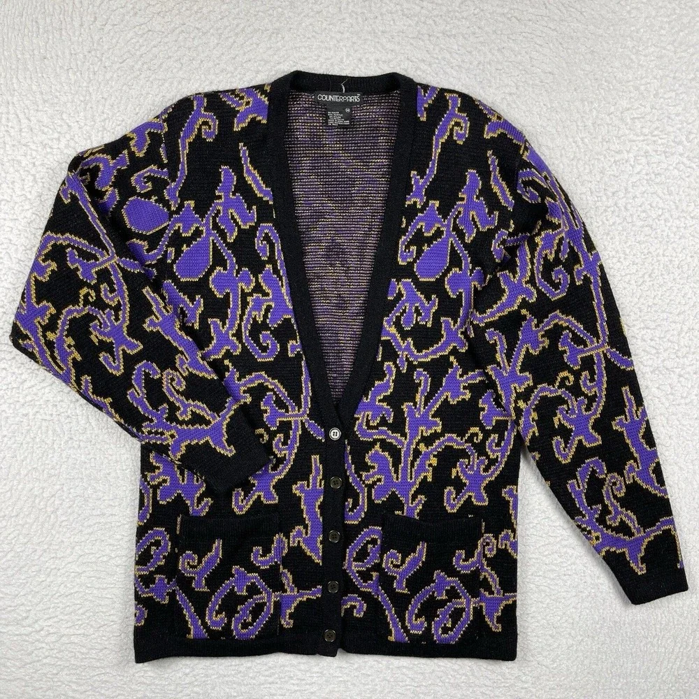 Counterparts Sweater Womens‎ Medium Black Purple Vintage Hong Kong Knit Cardigan